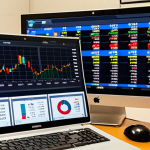 **

A brightly lit financial analysis workspace. On a large monitor, financial charts and data related to dividend stocks are displayed. A younger Thai investor is using Aspen Bualuang iTracker software, analyzing dividend payout ratio, dividend yield, and dividend growth rate. The background shows bookshelves with finance books and a Thai flag subtly placed. The overall feel is professional and informative.

**